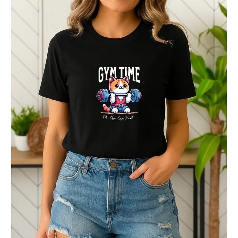 Blusa Feminina Academia Gato Gym Time Camisa Academia Feminina Estampa Estilosa