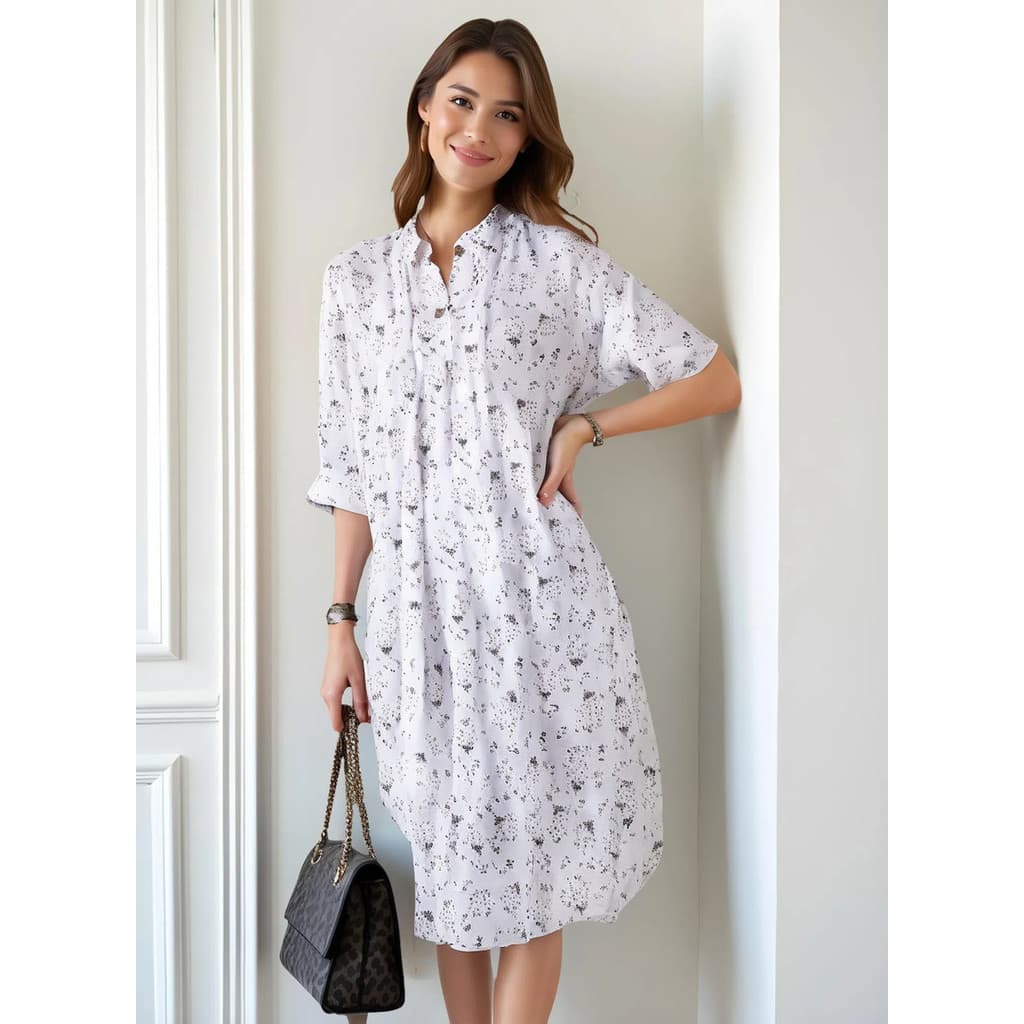 Camiseta longa / Blusa Feminina Casual Plissada De Mangas Compridas Com Decote Em V E Estampa Floral