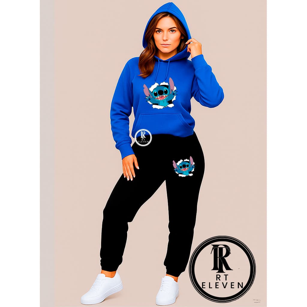 Conjunto Moletom Blusa Canguru + Calça Lilo Stitch Desenho Feminino Masculino  Blusa Com Bolso e Capuz Linha Premium