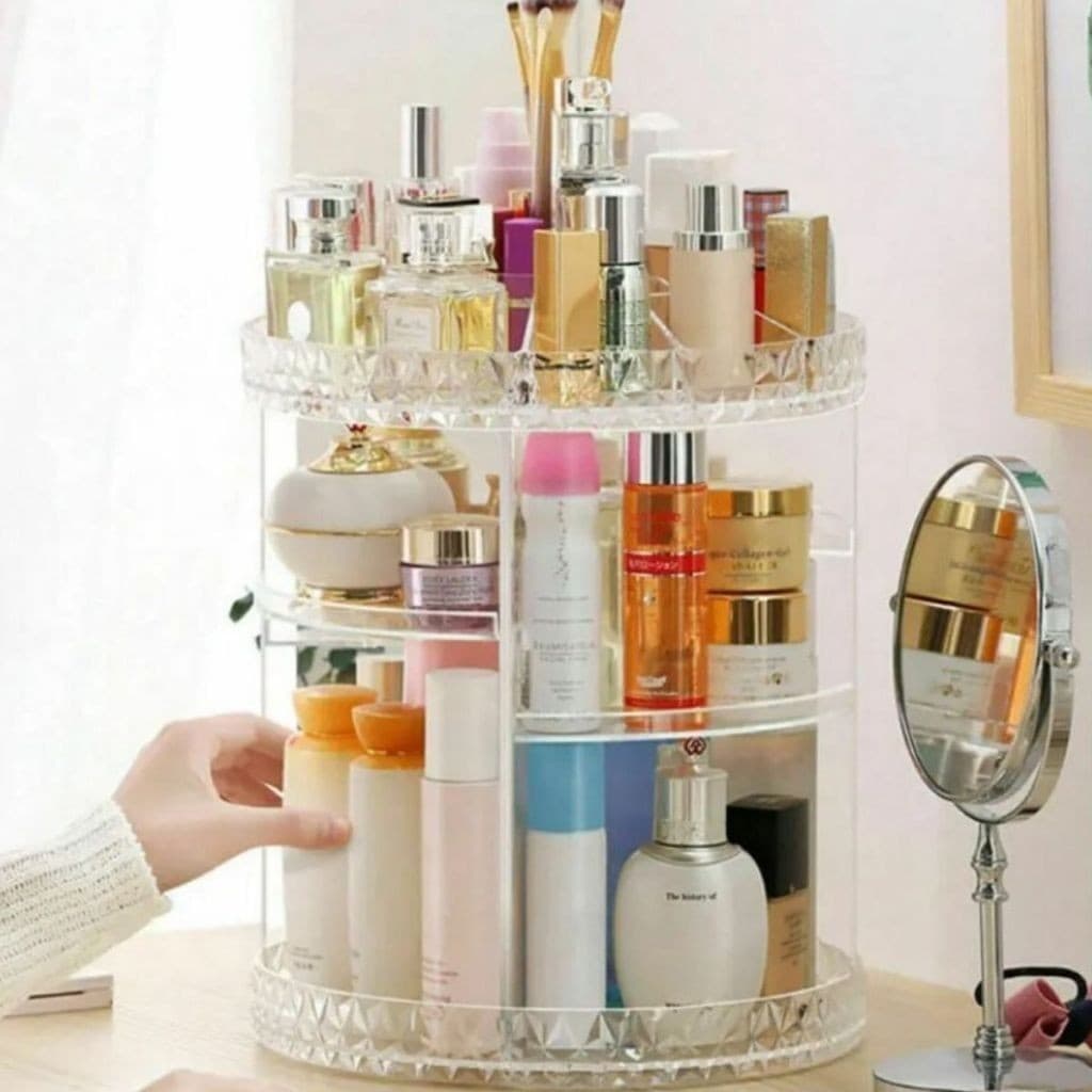 Organizador de Maquiagem Giratório 360° Acrílico Premium – 2 Gavetas + Divisórios, Prático p/ Casa, Banheiro e Salão