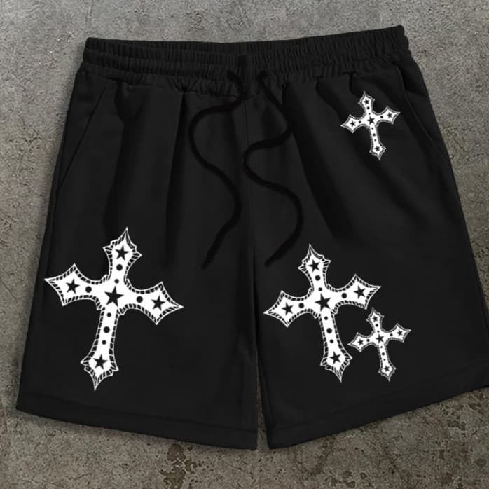 Shorts Casuais Estampado Cruz Branca Streetwear Gótica Oversized