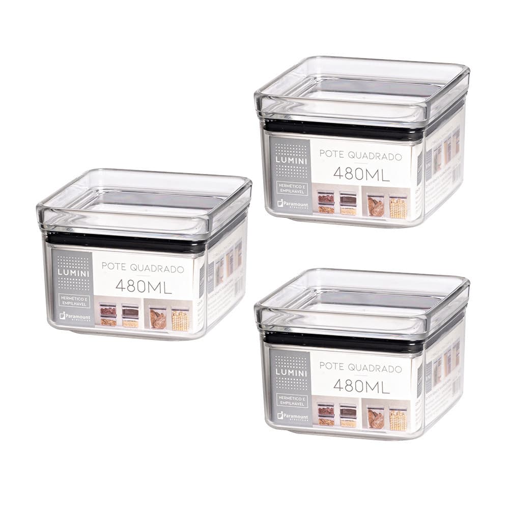 Kit 3 Potes Herméticos Organizadores Quadrados Empilháveis 480ml Lumini Paramount Novo