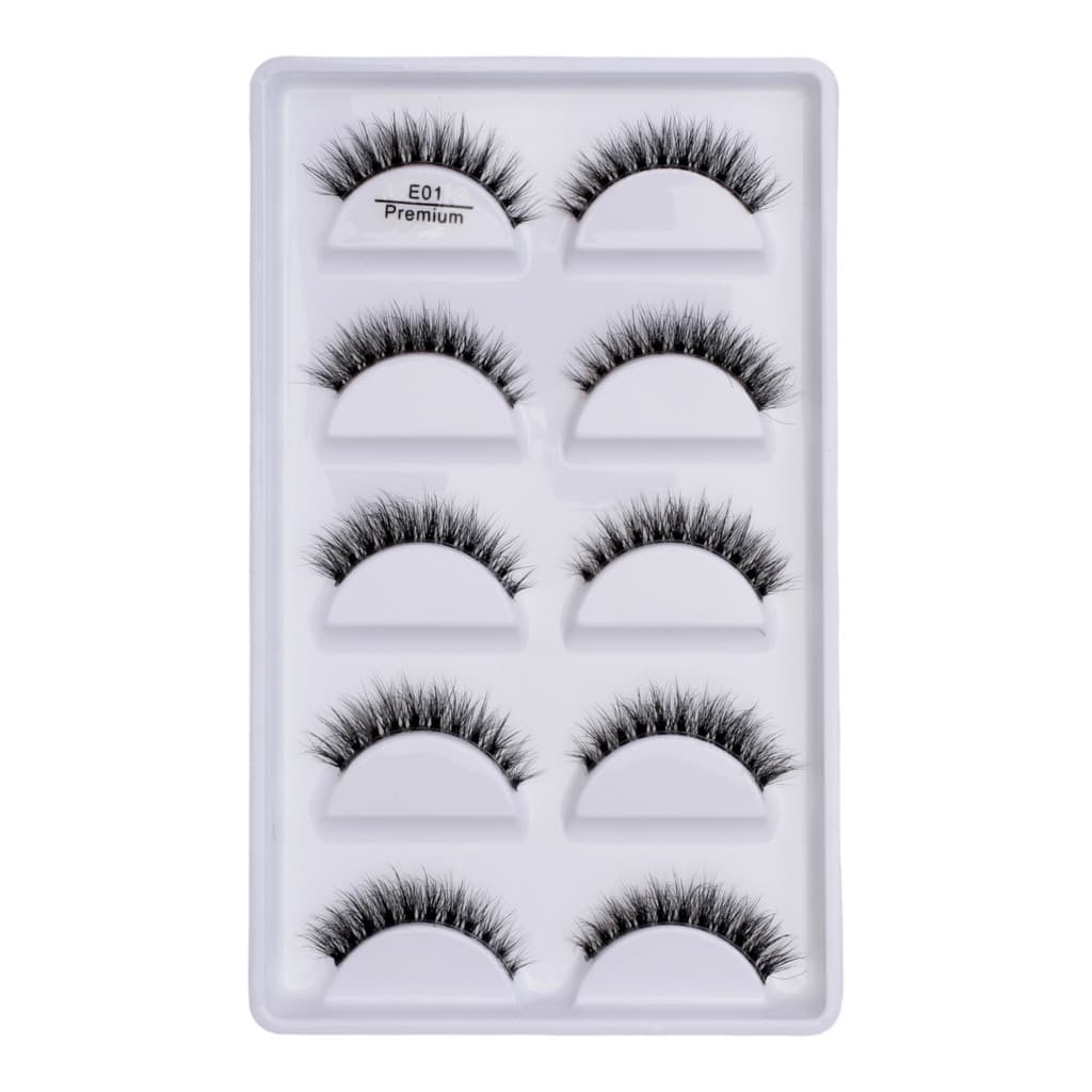 Cartela com 5 pares de cilios postiços naturais modelo - E01 PREMIUM (BASE TRANSPARENTE)