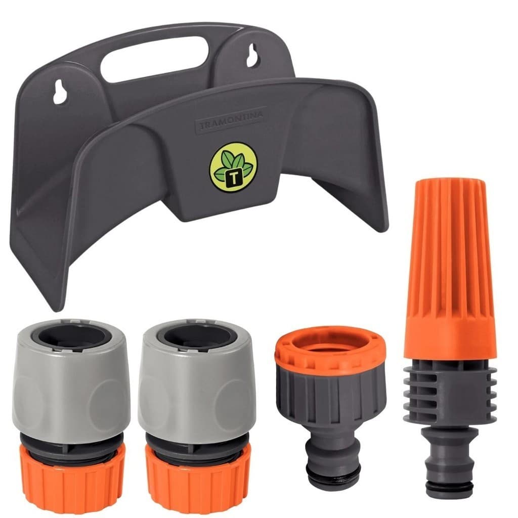 Kit Suporte Plástico Enrolador Porta Mangueira com Engate Rápido 1/2" e Bico Torneira Tramontina Organização