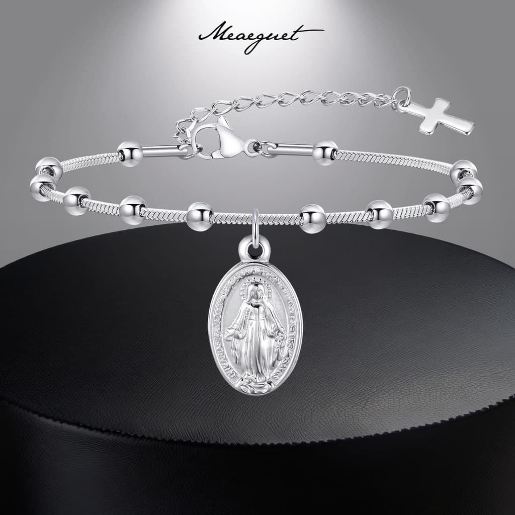 Pulseira Com Contas De Oração Religiosa Meaeguet Silver Virgin Mary Bracelet for Women , Cross Link Chain Bracelets