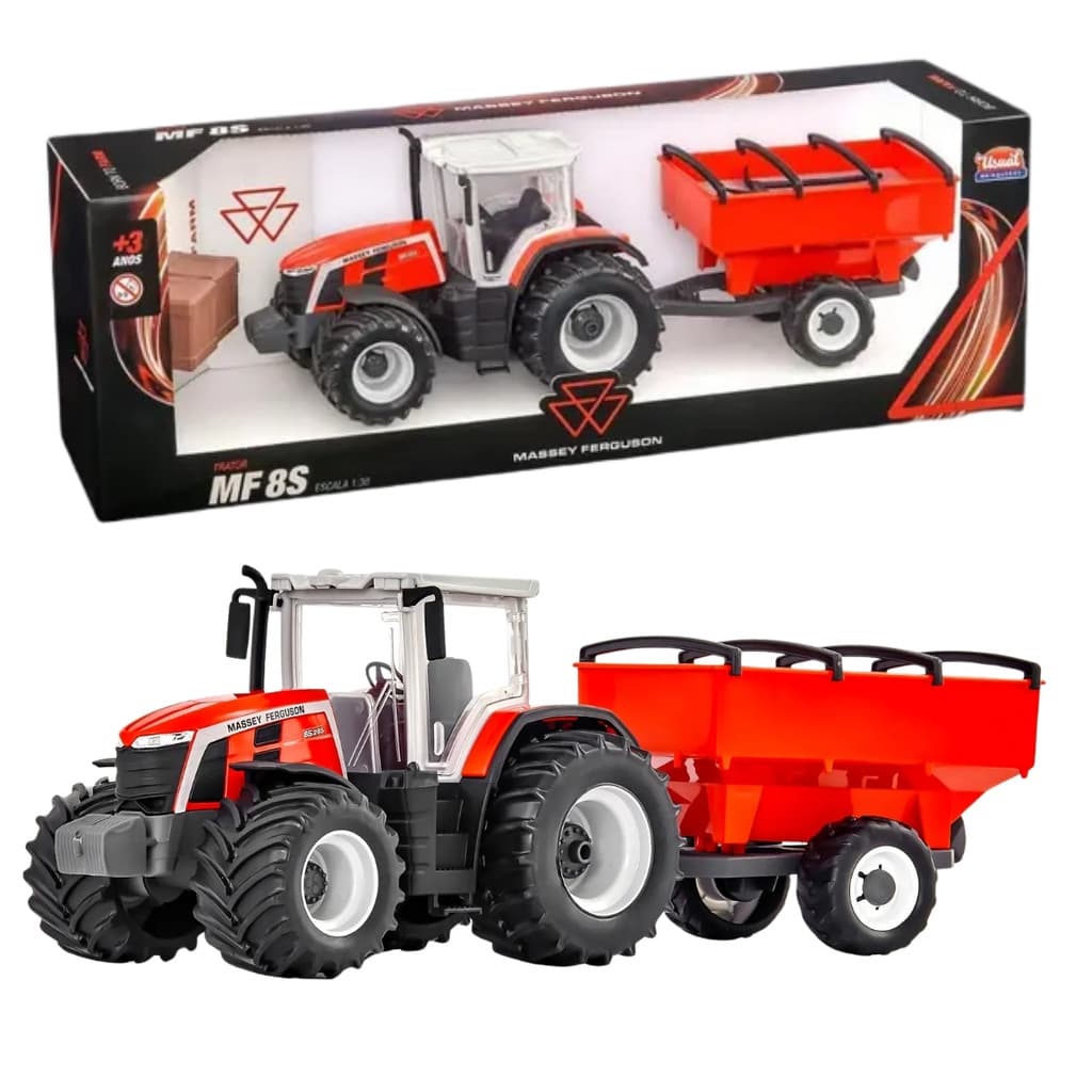Trator Massey Ferguson MF8S Com Carreta Graneleira Pneus Emborrachados - Brinquedo Infantil Agrícola Realista - Usual