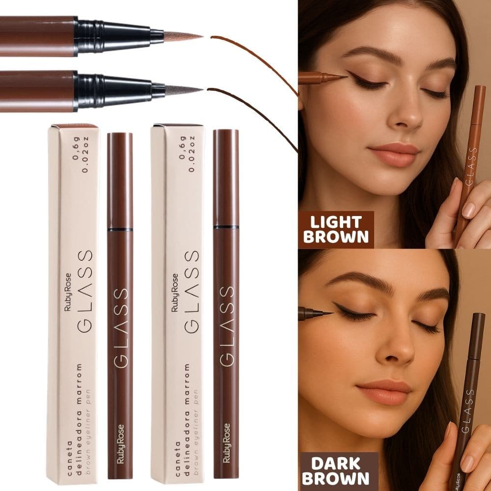 Kit 2 Delineador Caneta Ruby Rose Glass Marrom Claro e Marrom Escuro Traço Fino Longa Duração