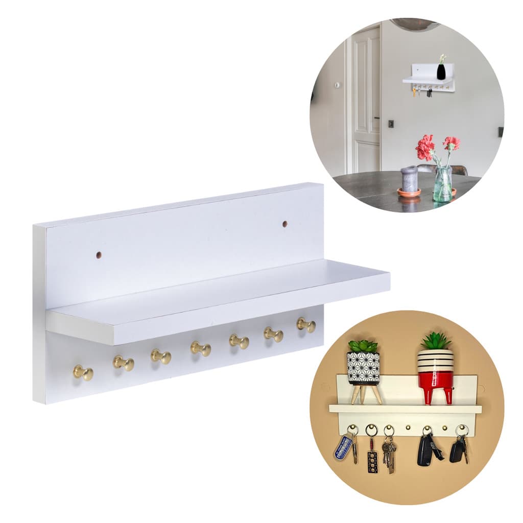 Porta Chaves MDF Branco com Prateleira e Ganchos Dourados Organizador Decorativo para Sala Cozinha Corredor