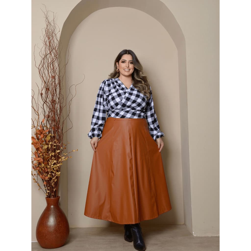 SAIA LONGA PLUS SIZE COURO CORINO RODADA COM BOLSO CINTURA ALTA EVANGELICA FESTAS CASAMENTO INVERNO