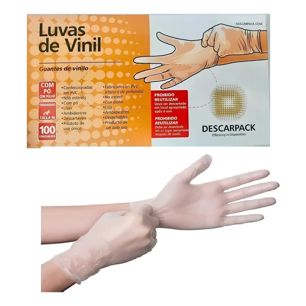 Kit Luva Vinil Com Pó Descartável 200und Descarpack Tam P