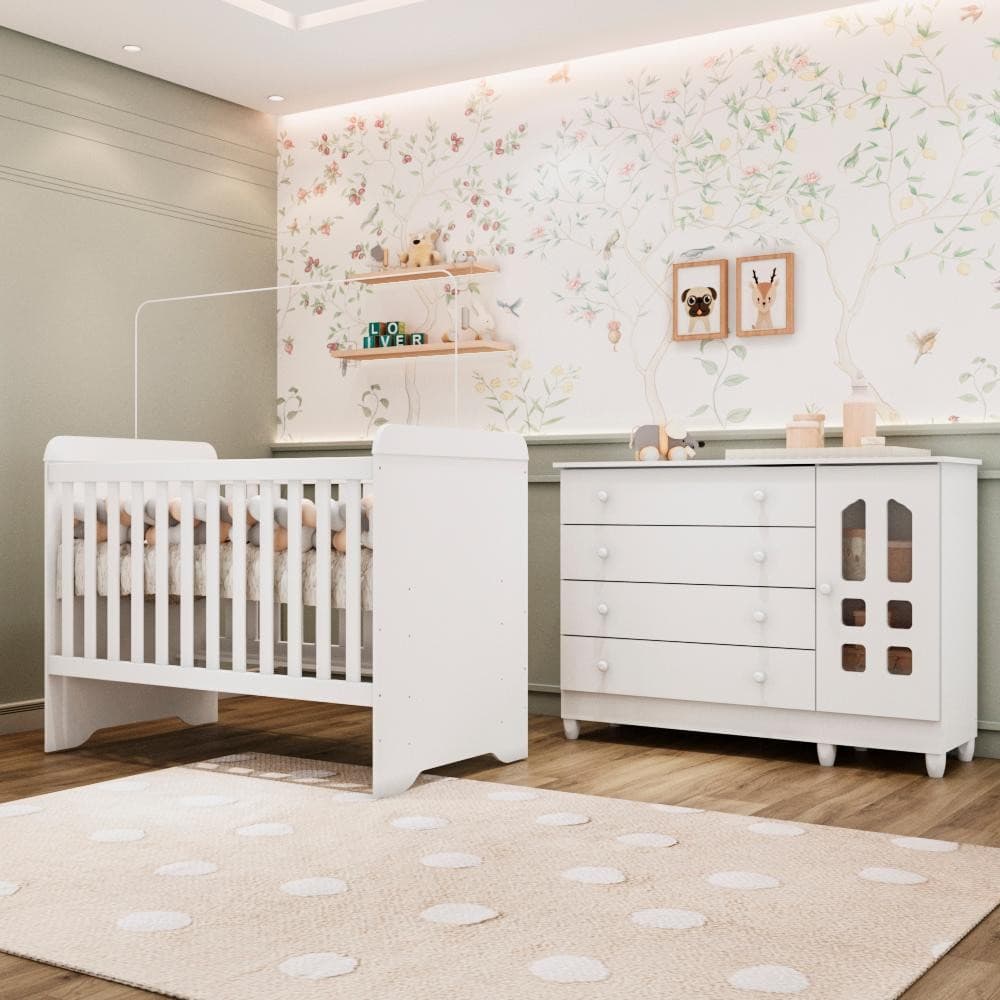 Quarto Bebê Completo Berço Americano 3Em1 Gabrielle Cômoda 4 Gavetas 1 Porta 100% MDF