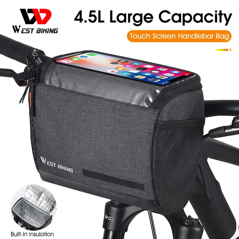 WEST BIKING 4.5L Bolsa Para Guidão De Bicicleta , 7.5 Espaços , Tela Sensível Ao Toque , Térmica Isolada MTB , Acessório