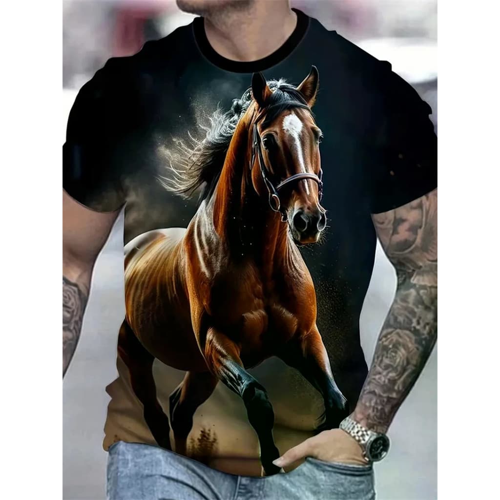 Moda Cavalo Gráfico T Camisas Para Homens Verão 3D Animais Impresso Tripulação Pescoço Camisetas Legal Streetwear Solto