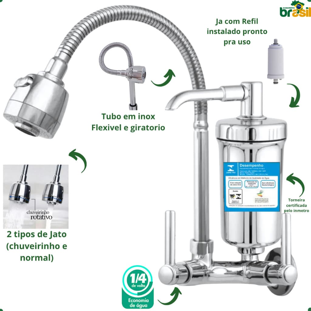Torneira Gourmet Parede cromada Cozinha Filtro purificador Inox Flexível Jato Duplo refil carvao