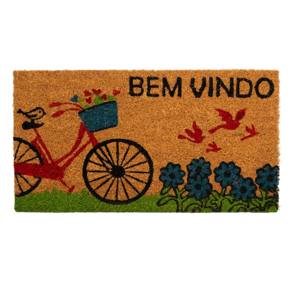 Capacho Entrada Fibra Coco Bem Vindo Estampado Bicicleta 33x60cm Antiderrapante Marrom Edantex