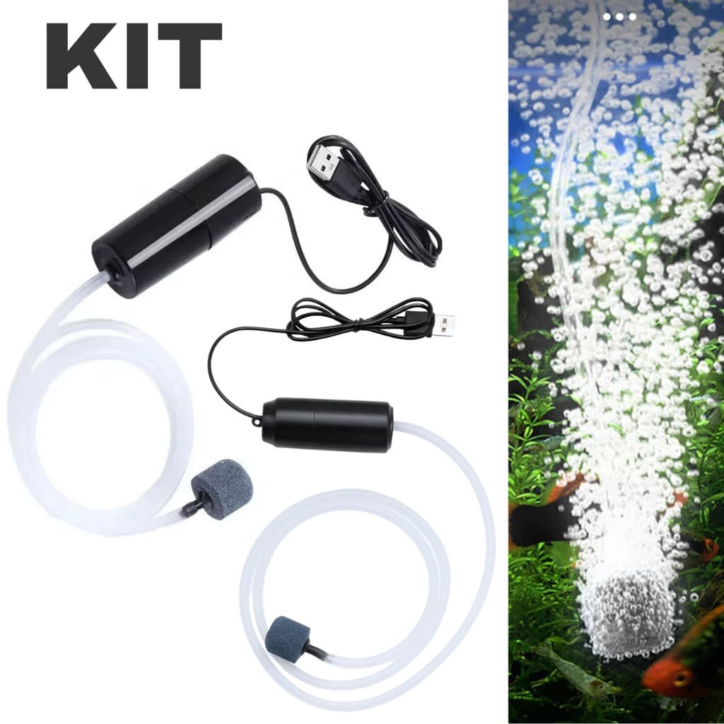 Bomba De Oxigênio USB Mini Compressor de Ar Aquário Peixe Isca Pesca + Mangueira + Pedra Prorosa