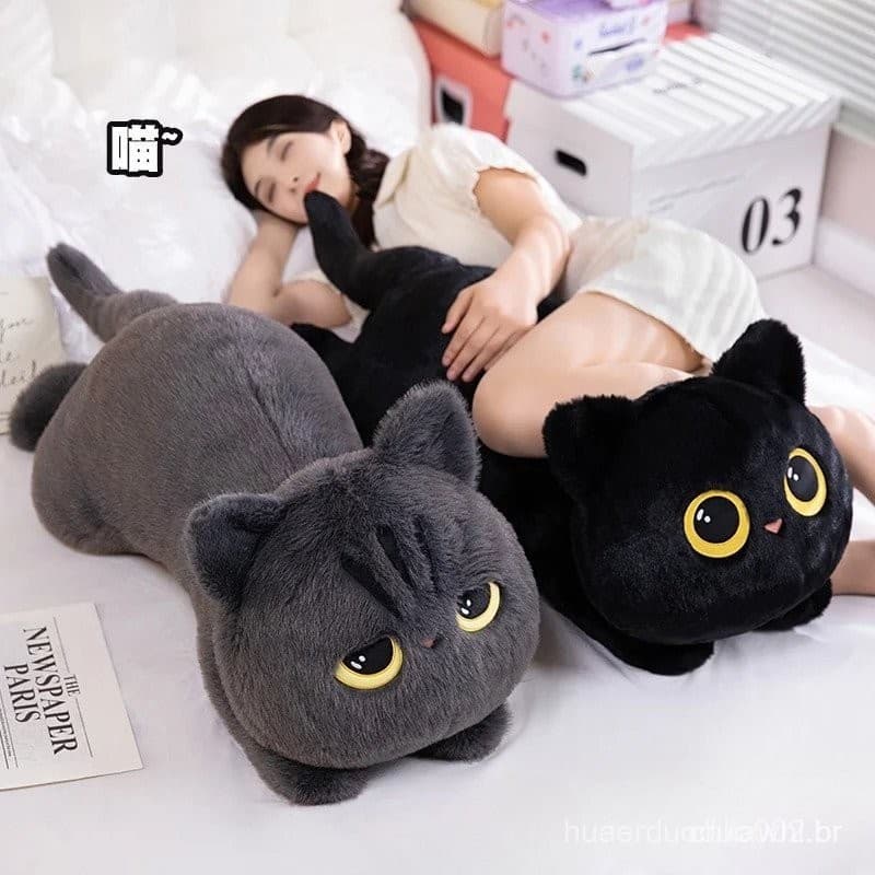 Gato Bonito Travesseiro De Pelúcia Recheado Macio Deitado Almofada Adorável Preto Dormir Agradável Presentes Aniversário