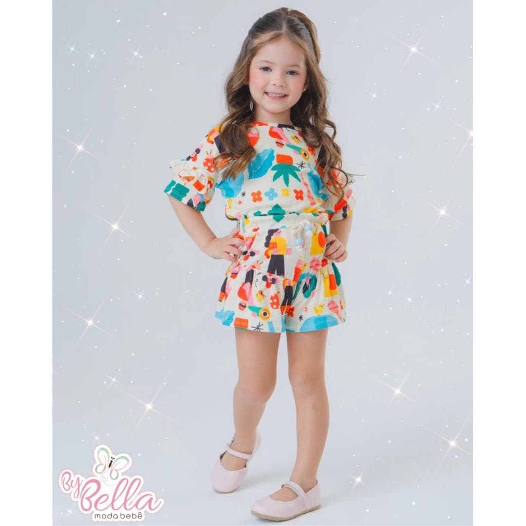 CONJUNTO INFANTIL EM MALHA CANELADA BEBÊ MENINA ESTAMPA COLORIDA BIG MANGA BABADINHO