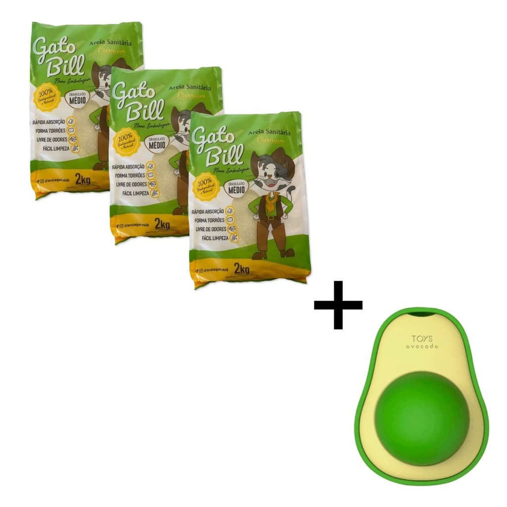 KIT 3 AREIA GATOBILL MÉDIO + 1 BRINQUEDO ABACATE CATNIP PARA GATOS