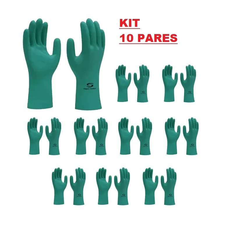 Kit 10 Prs Luva Nitrilica Super Safety Verde Forrada Nitrogreen CA 33334