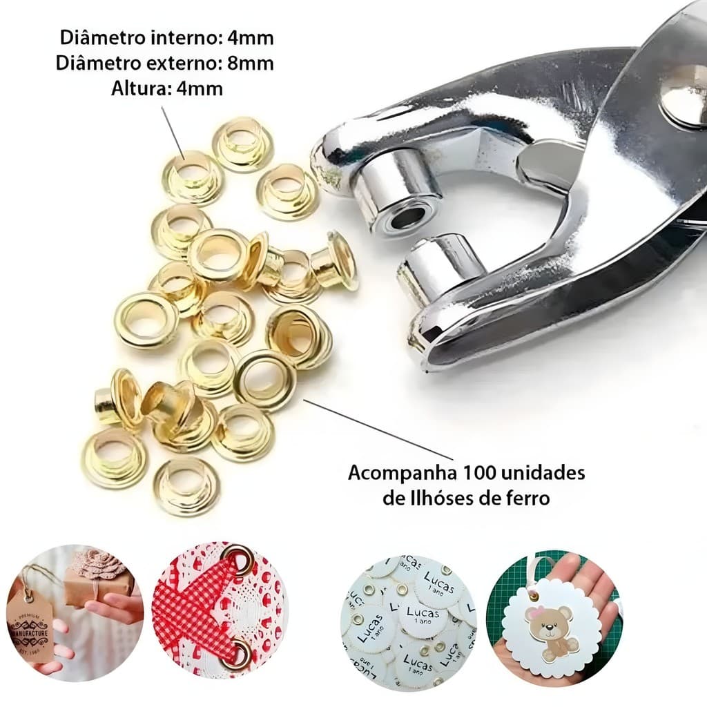 Alicate Para Aplicar Ilhos Manual Pregar Ilhós + 100 Ilhoses