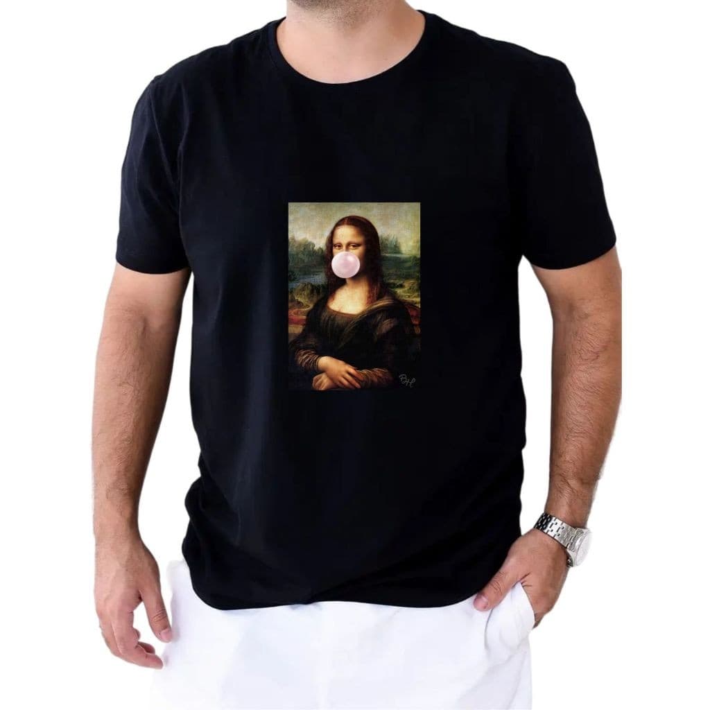 Camiseta Art Quadro Mona Lisa Mascando Chiclete Camisa Unissex Baby Look T-shirt Confortável Macia