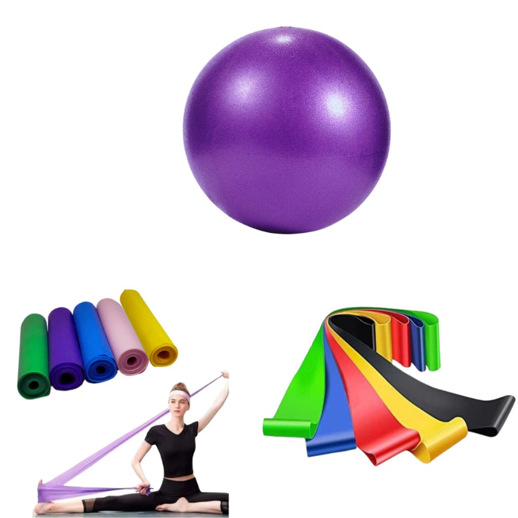 Bola 25 cm Suiça Pilates Pequena + Faixa Elastica + Kit Mini Band Fisioterapia Overball Thera Yoga