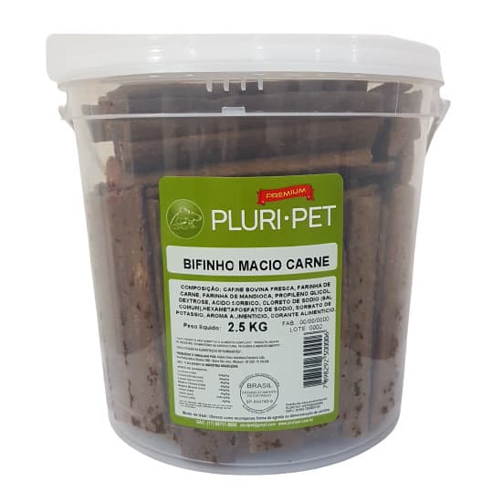 02 UNID - Bifinho Macio - PLURI-PET - Sabor Carne Defumada - 2,5 Kg (Balde/Pote)