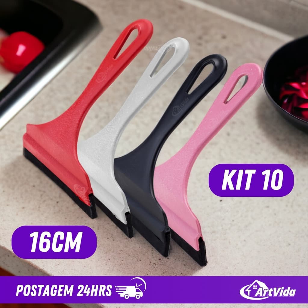 KIT 10 Rodinho Rodo Pia Plástico e Silicone - 18cm Puxa Bem - Cozinha Limpa e Organizada - ArtVida