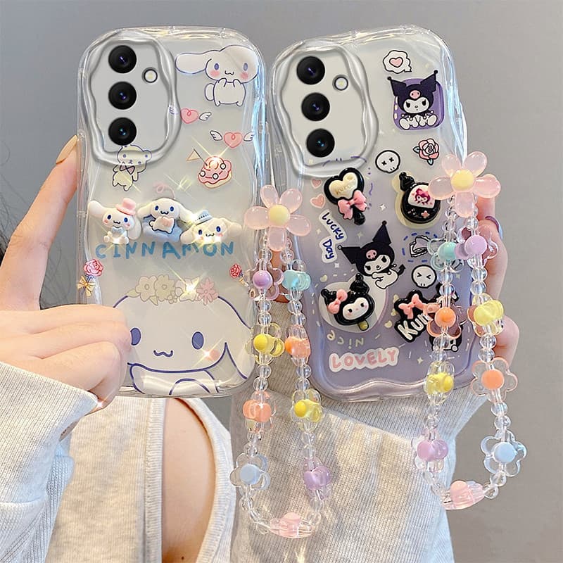 Capa Protetora 3D Para Telefone Samsung Galaxy A14 A15 A54 A34 A55 A05S A05 A35 5G Com Alças Florais Kuromi