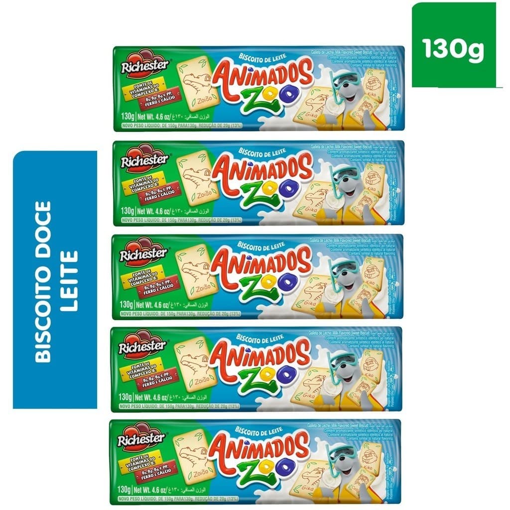 Biscoito Animados Zoo 130g Leite C/5 Unidades