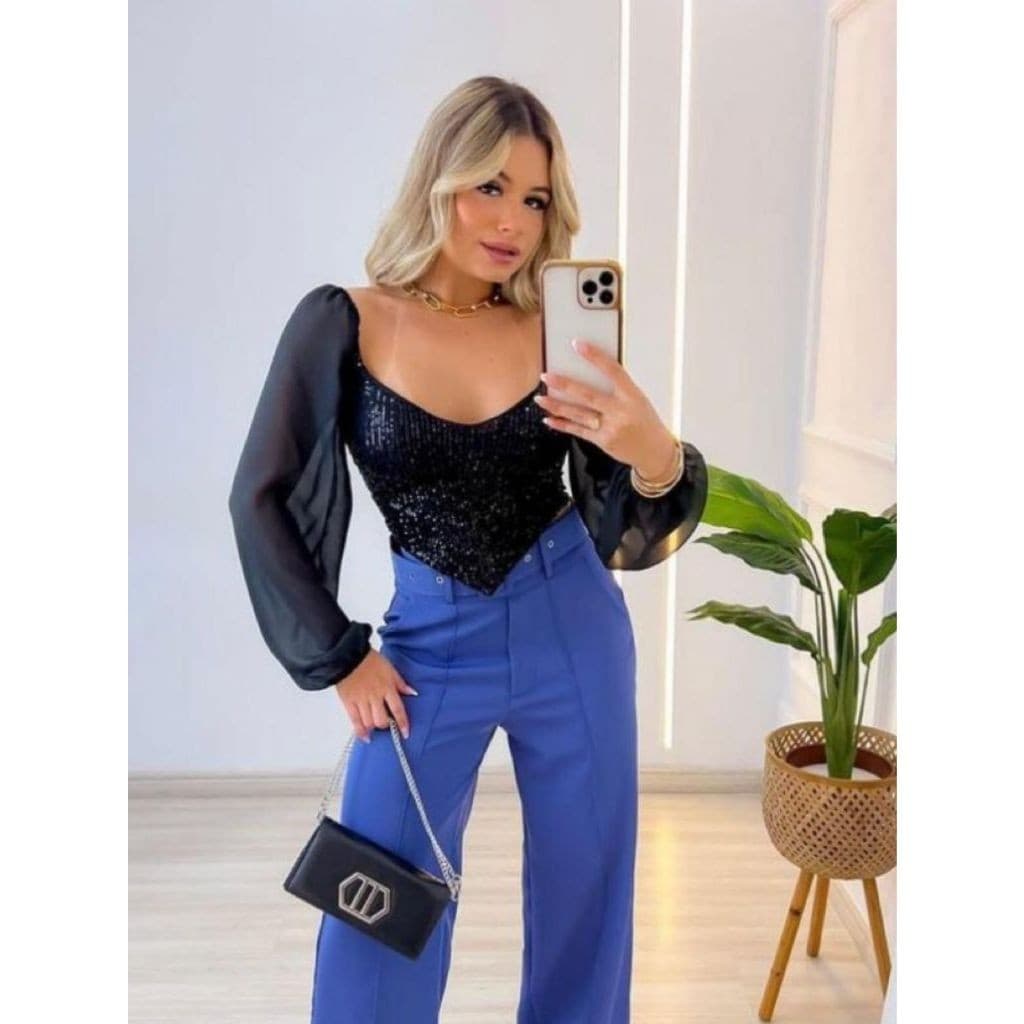 Cropped Paetê Em V Feminino Manga Tule Bufante Brilho