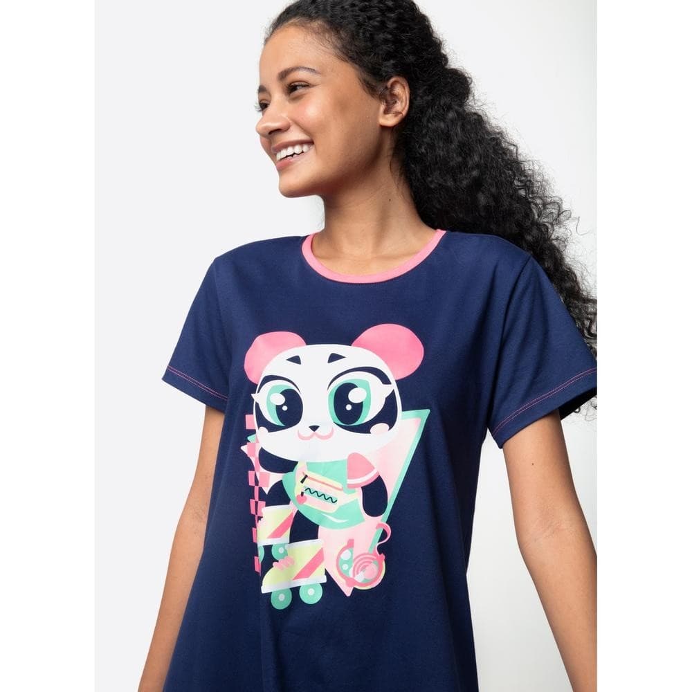 Camisola Manga Curta Algodão Feminina Panda Miami Puket