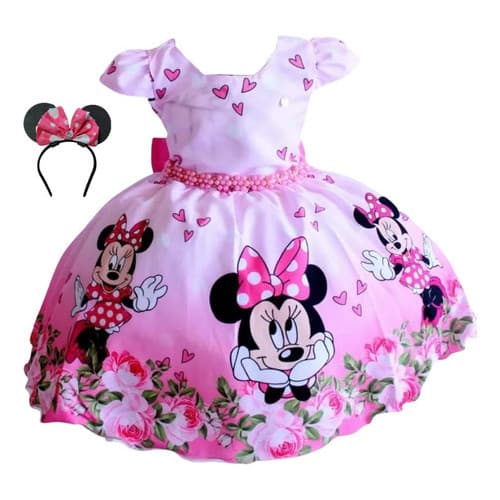 Vestido Infantil Princesa Minnie Rosa Coração Bolinhas Para Festa Aniversario Com Tiara  De Orelha