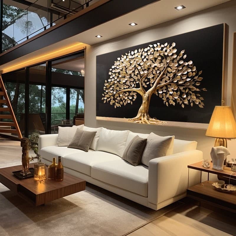 Quadro Decorativo 110x80cm  Árvore Dourada fundo Black Hall da Luxo Sala Quarto Casa Decoração De Parede Mdf Adesivo