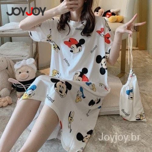 Joyjoy Mulher Pijama Bonito Dos Desenhos Animados Mickey Minnie Mouse Manga Curta Senhora Solta Em Casa Com Um Vestido