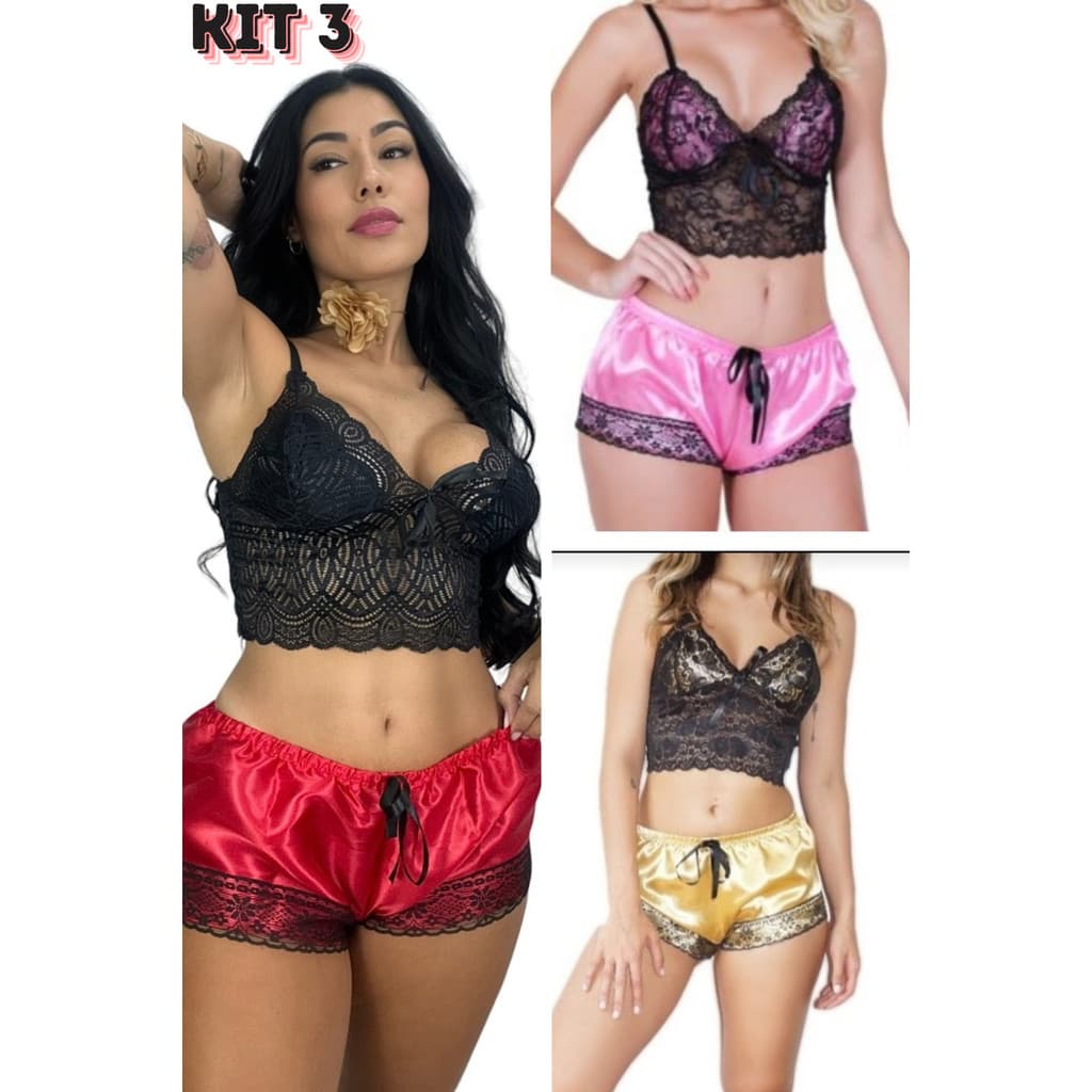 Kit 3  Baby Doll Cetim Short Doll Renda PRODUTO PREMIUM Pijama Cetim