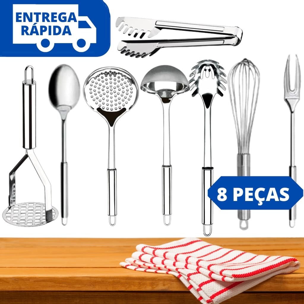 Jogo Kit 8 Utensílios de Cozinha 100% Inox Kit Pegadores