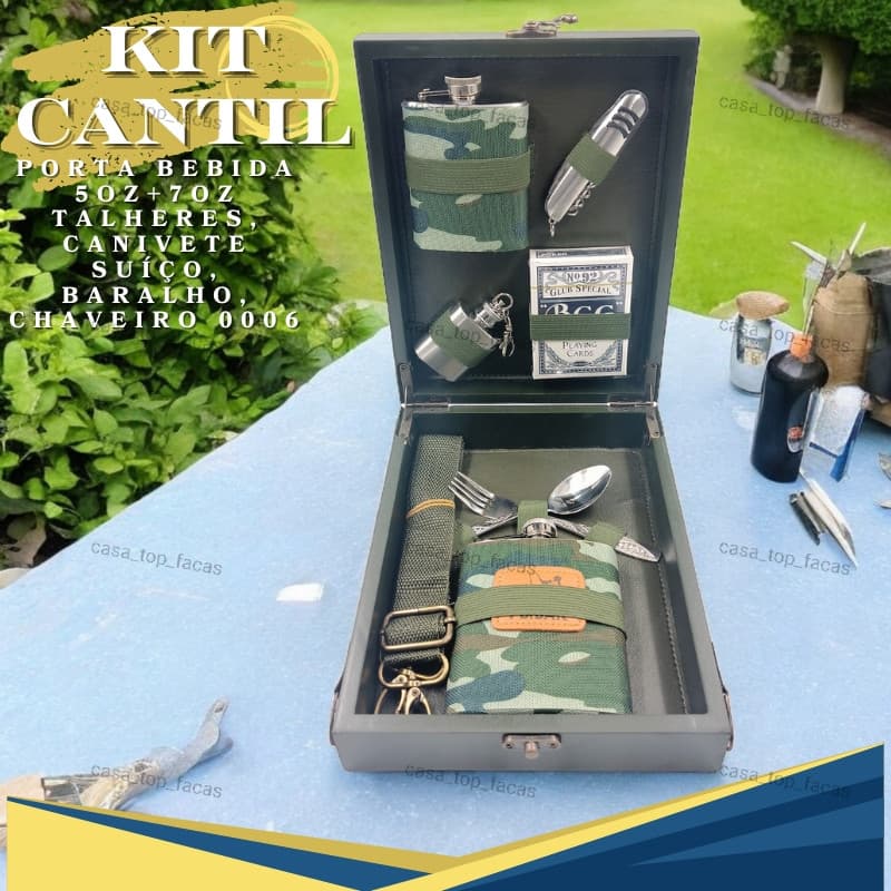 Kit Cantil Porta Bebida 5oz+7oz Talheres, Canivete Suíço, Baralho, Chaveiro 0006