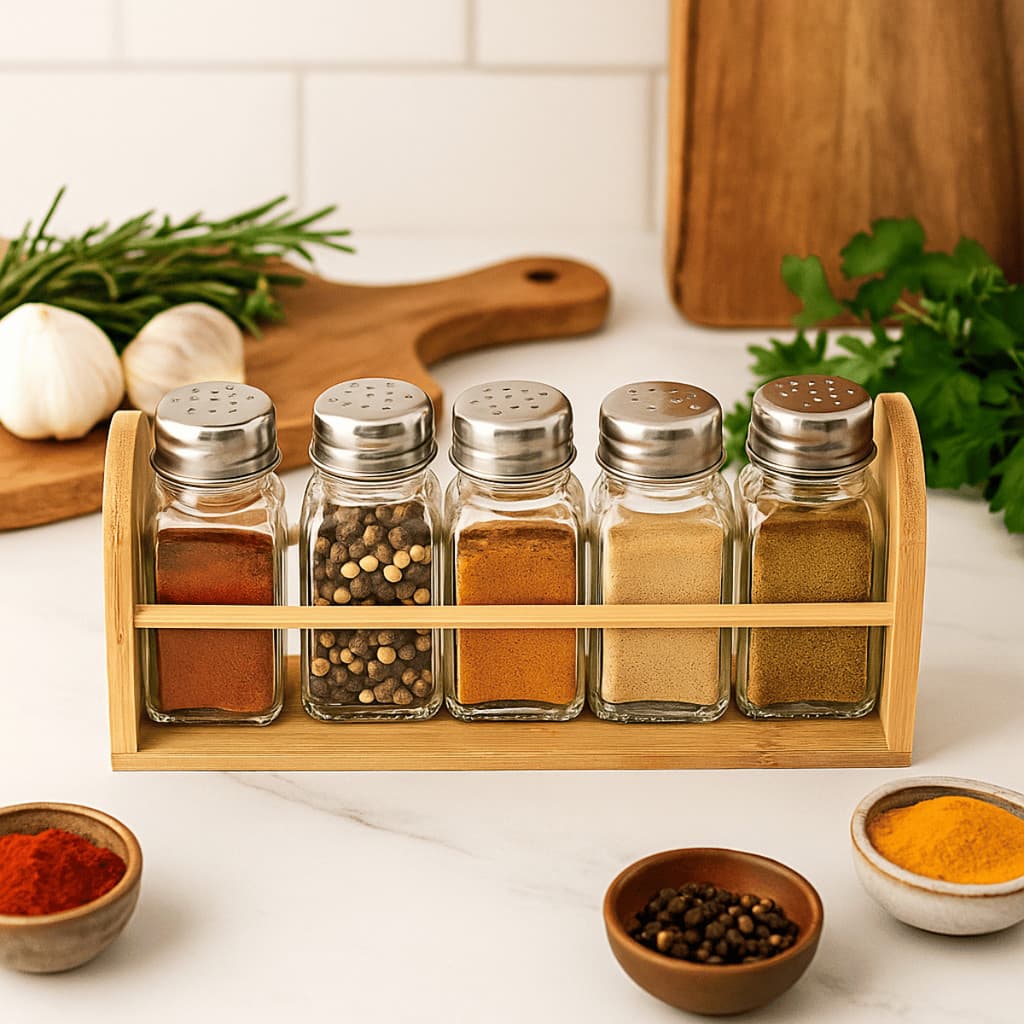 Kit Porta Condimento com 5 Potes 80ml e Suporte de Bambu - Casita / Vidro / Cozinha / Temperos