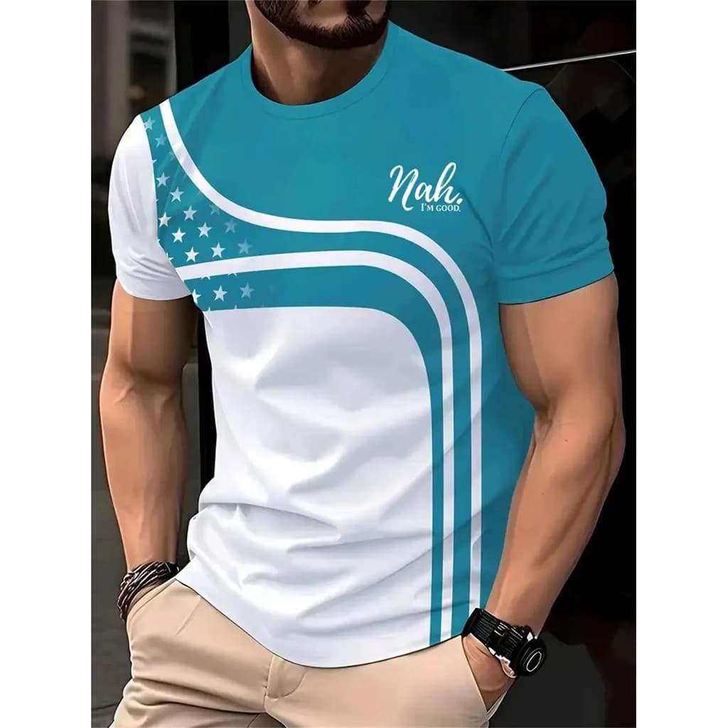 Moda Masculina Manga Curta Camiseta Verão Tendência Ao Ar Livre Em Torno Do Pescoço Superior Listrado Gradiente Impressã