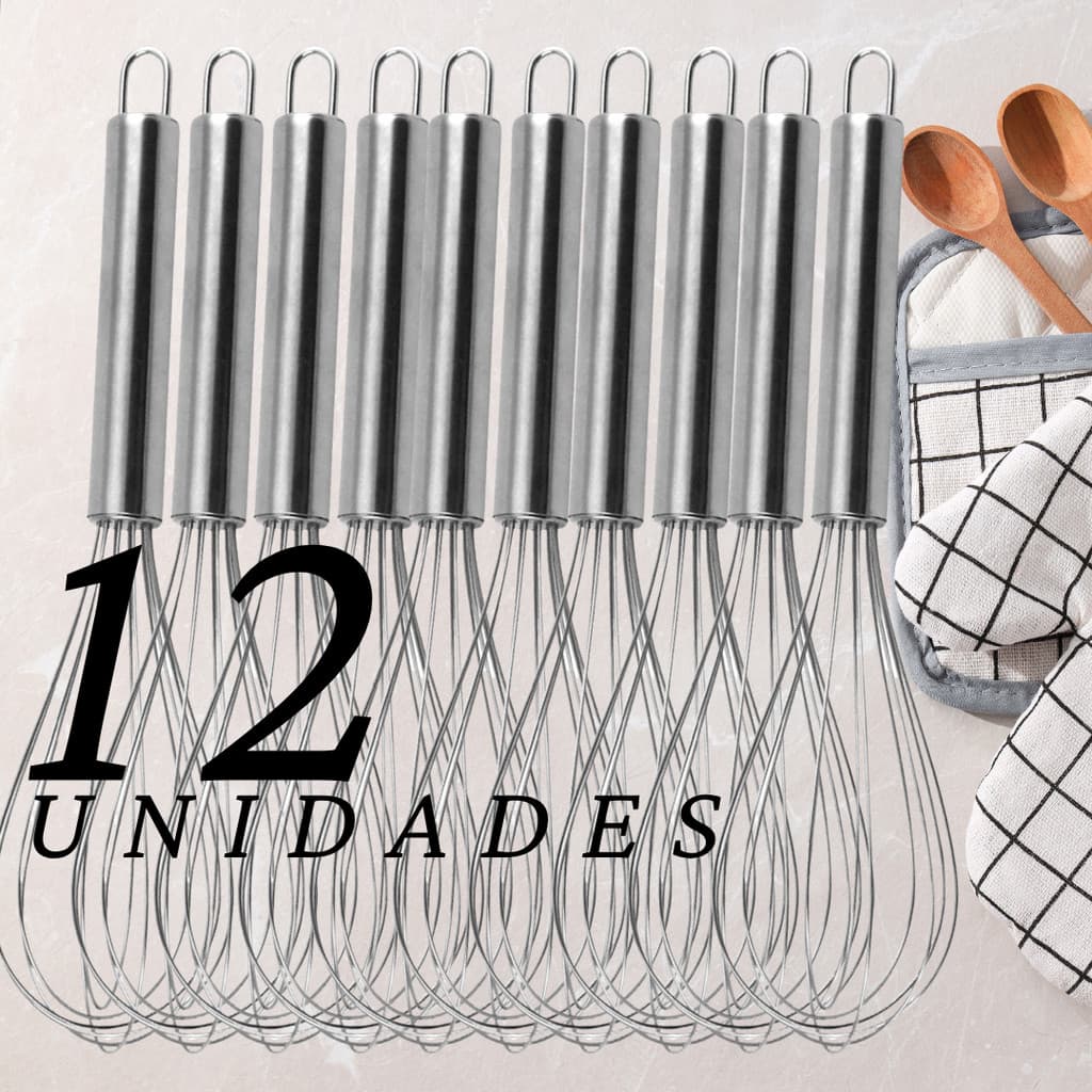 KIT 12 Batedor De Ovos Fue Inox Para Chantilly Molhos Massas Leves Cabo Ergonômico