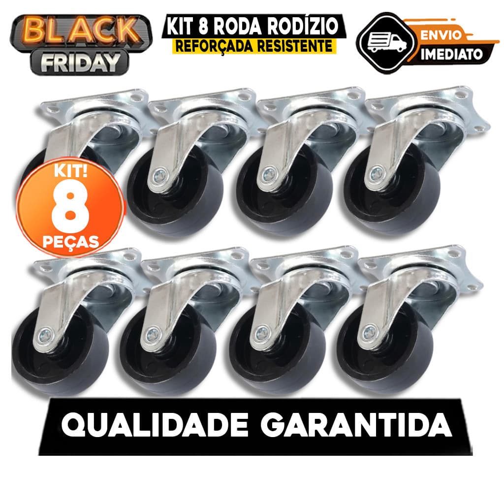KIT 8 Roda Rodízio Giratório Rodinha de Móveis Reforçada Resistente "2" Polegadas Preta para Vaso Suporte Cabeceira