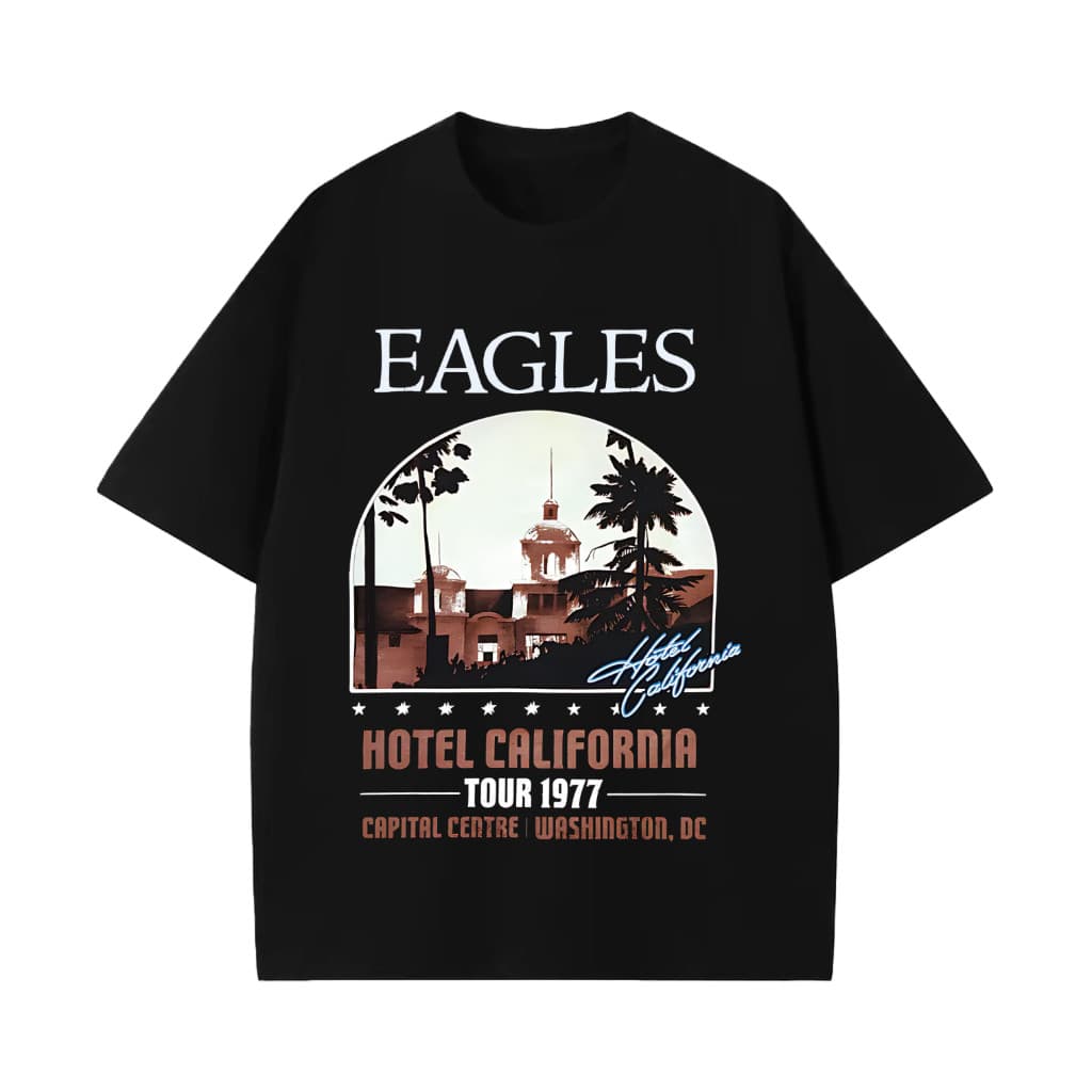 Camiseta Premium em Algodão Puro Camiseta Oficina Rock - Banda Eagles - Hotel California - Agora com Tamanho XG.