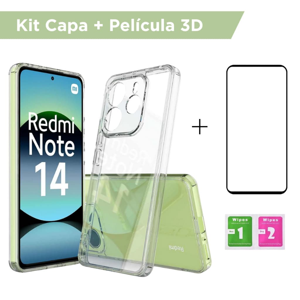 Kit Capa Capinha Case Anti Impacto Transparente E Película 3D Vidro Premium Para Xiaomi Note 14 4G