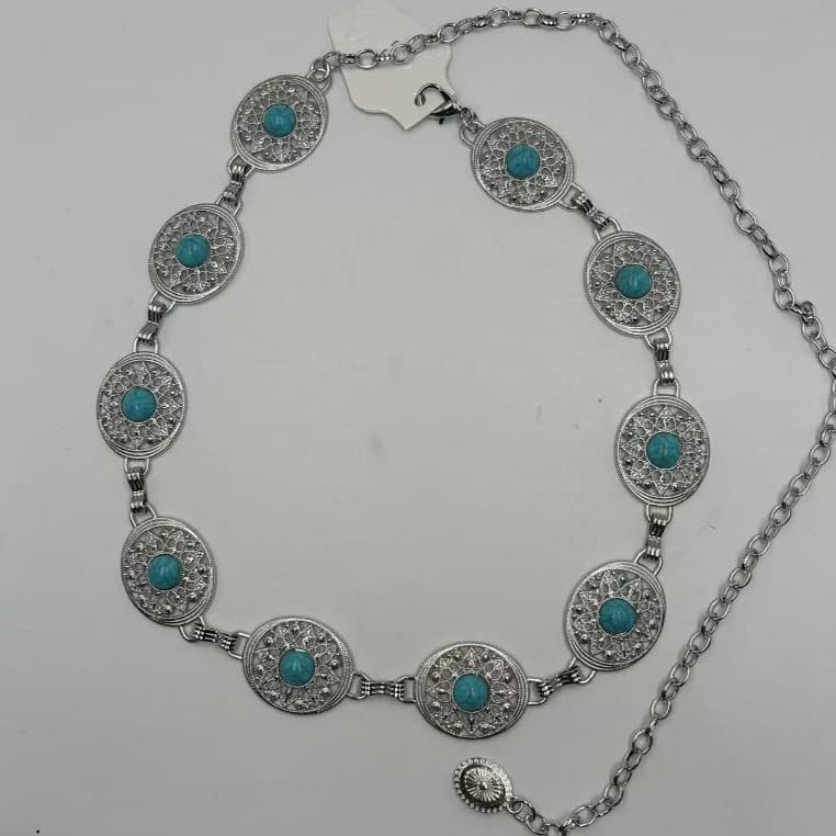 Cinto corrente feminino turquesa oval metal corrente de cintura