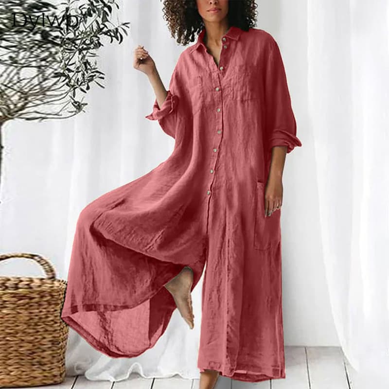 Macacão Camisa Feminina Com Verão Casual Retro Solto De Macacão Longo Feminina