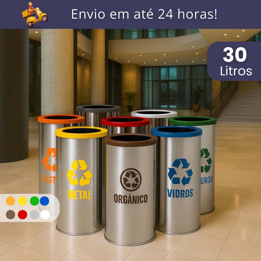 Cesto De Lixo Lixeira 30 Litros Inox Tampa Aro Colorida