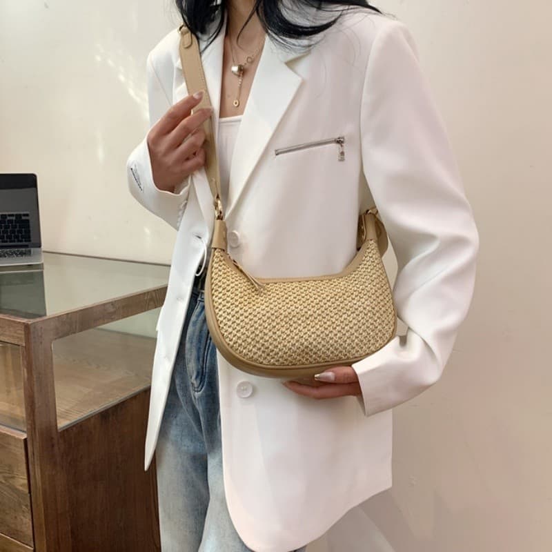 Bolsa de ombro feminina de palha para praia fofa bolsa crescente mini bolsa clutch bolsa de férias nas axilas bolsa de