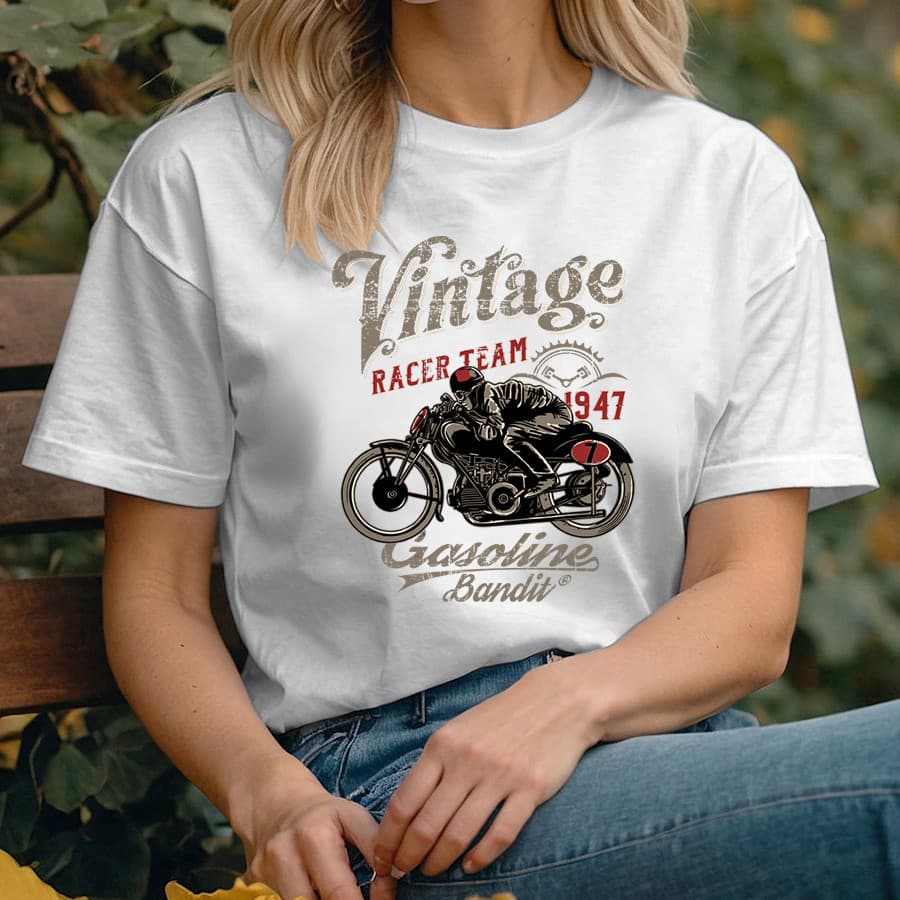 Camisa Unissex  Tshirt 30.1  Algodão Premium Moto Vintage Gasoline Bandit 1947 Indian - 100% Algiodão Premium E